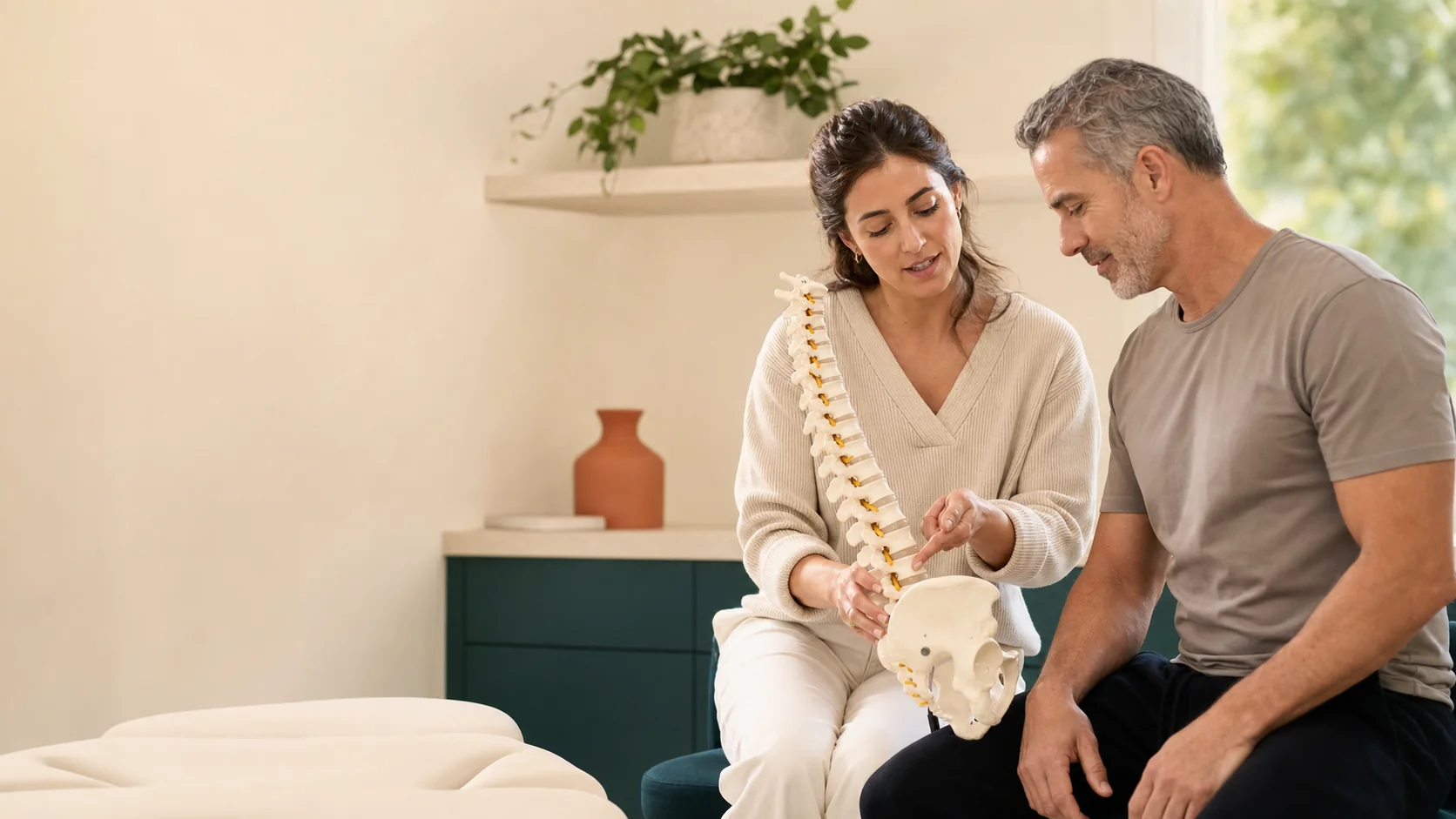 Clinician reviewing a lumbar spine model with a patient at St. Louis Pain Center in St. Louis, MO