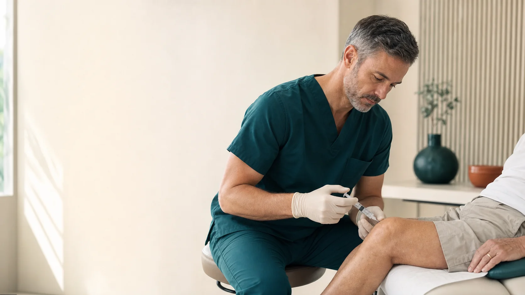 Clinician administering a hyaluronic acid gel injection into a patient knee at St. Louis Pain Center